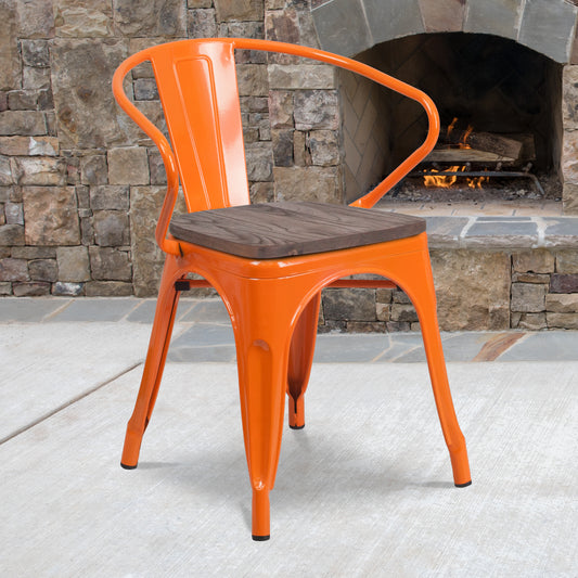 Luna Orange Metal Chair with Wood Seat and Arms Orange