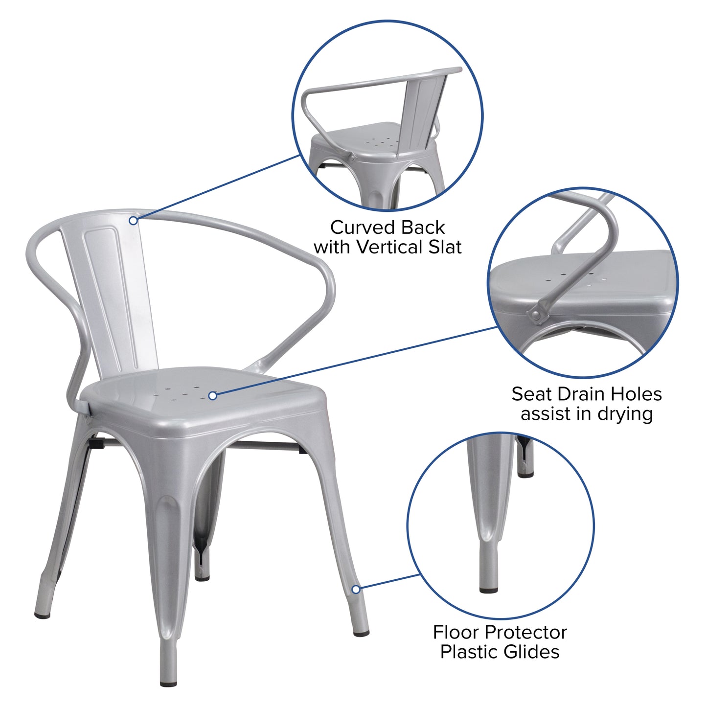 Luna Commercial Grade Silver Metal Indoor-Outdoor Chair with Arms Silver