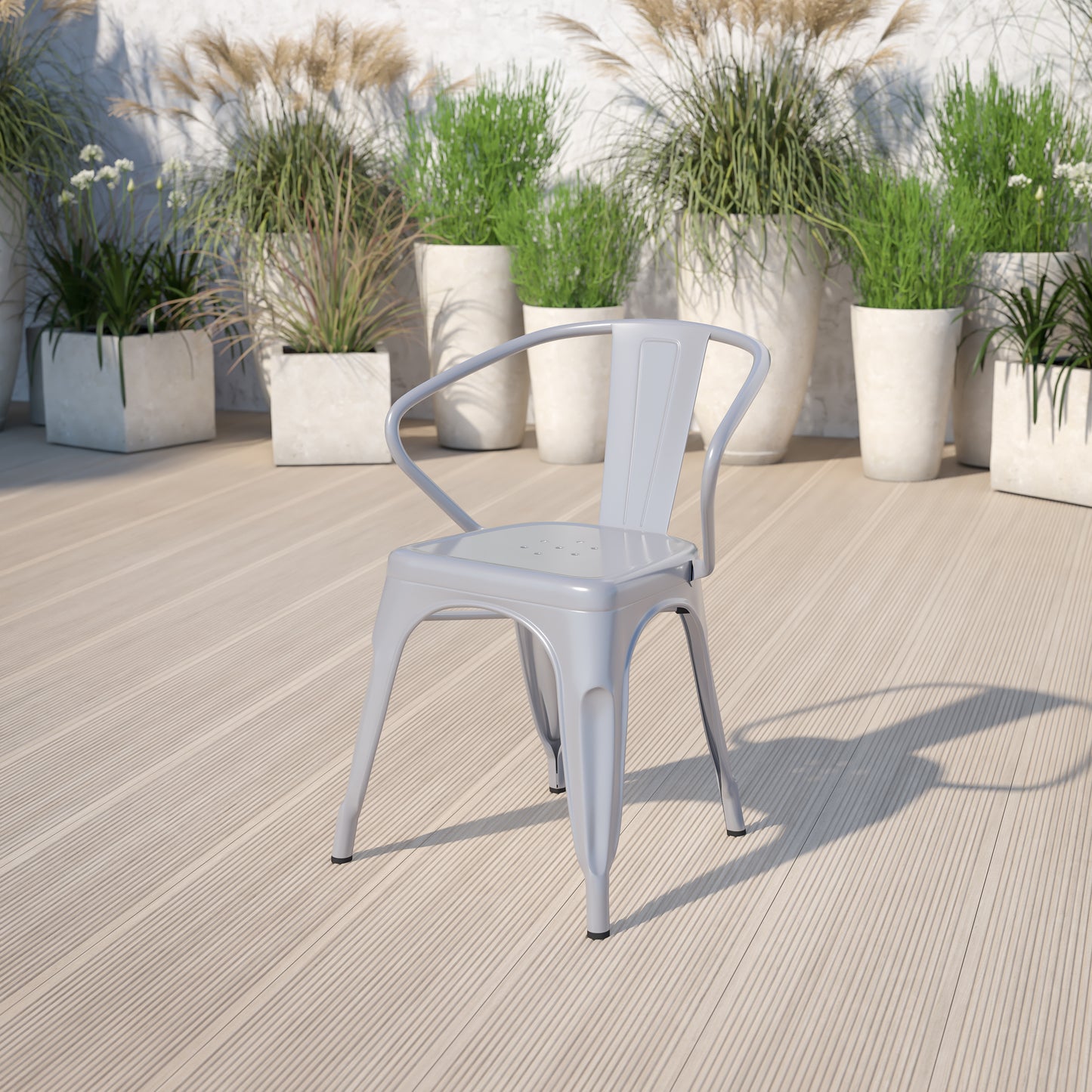 Luna Commercial Grade Silver Metal Indoor-Outdoor Chair with Arms Silver