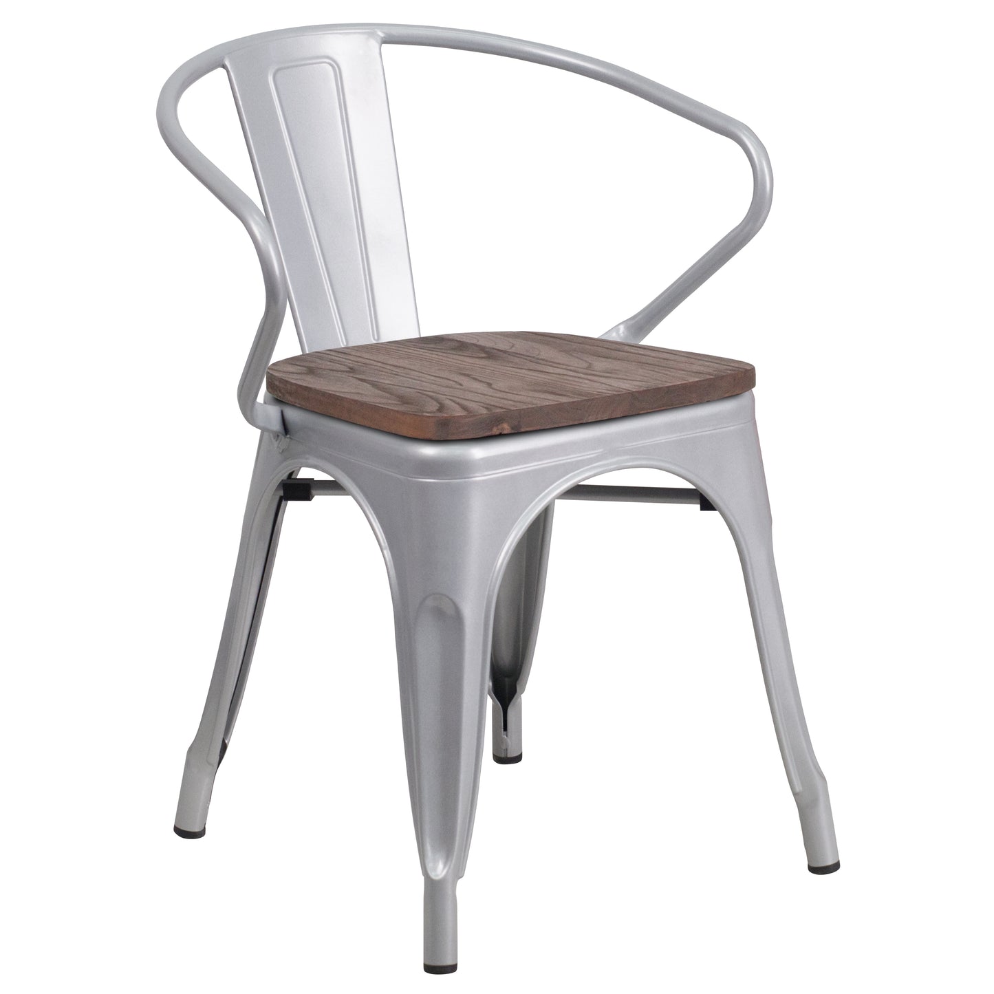 Luna Silver Metal Chair with Wood Seat and Arms Silver
