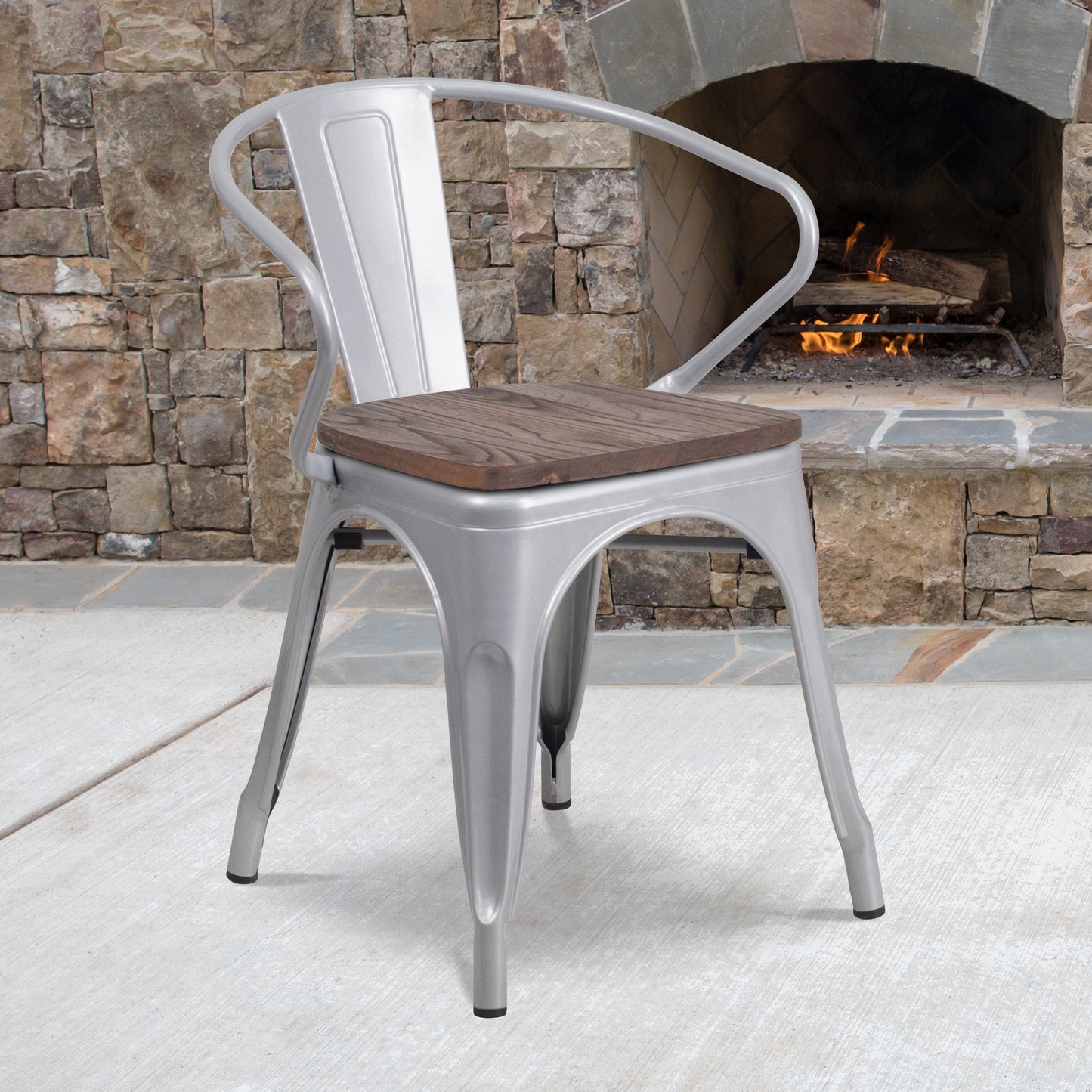 Luna Silver Metal Chair with Wood Seat and Arms Silver
