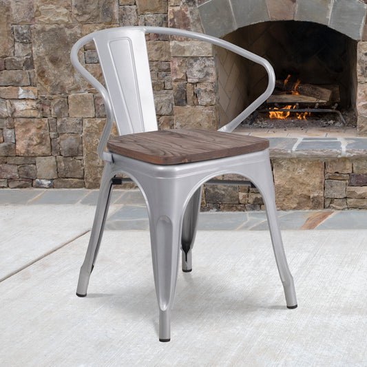 Luna Silver Metal Chair with Wood Seat and Arms Silver