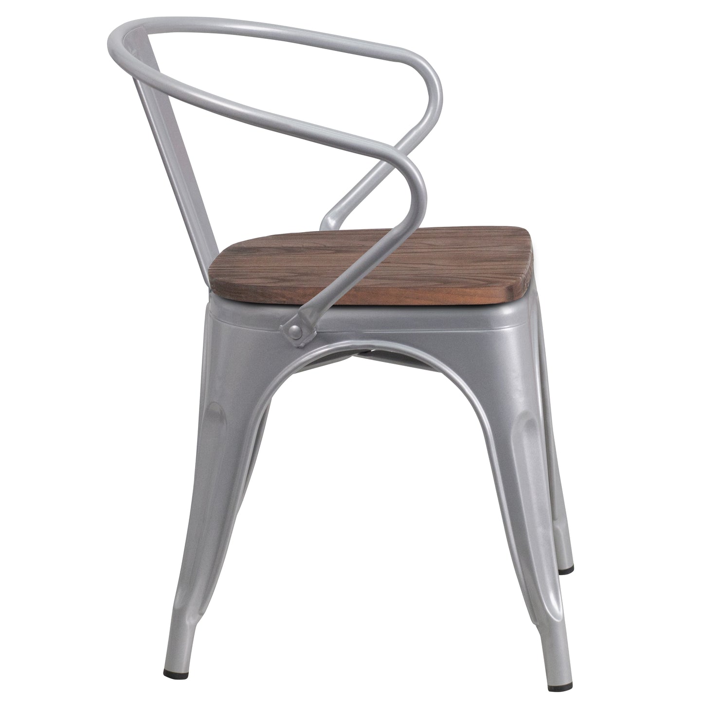Luna Silver Metal Chair with Wood Seat and Arms Silver