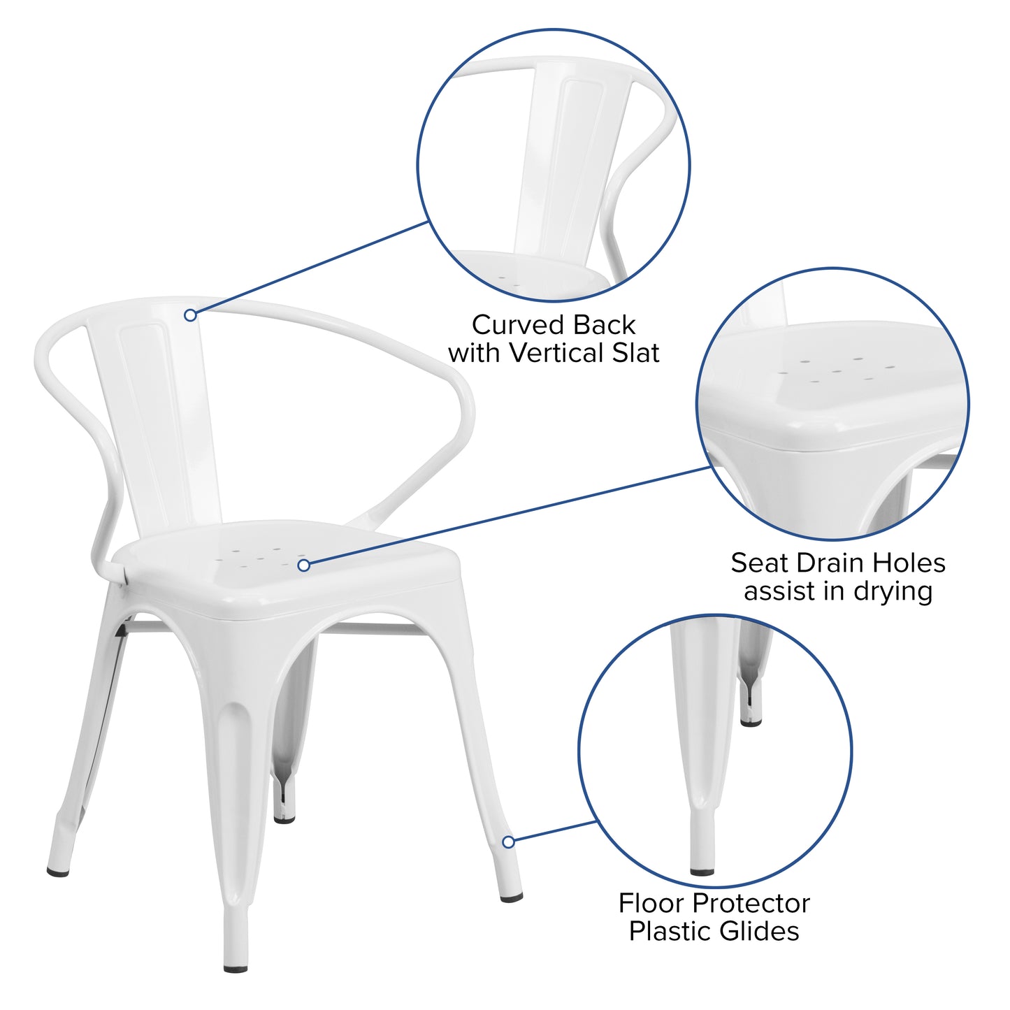 Luna Commercial Grade White Metal Indoor-Outdoor Chair with Arms White