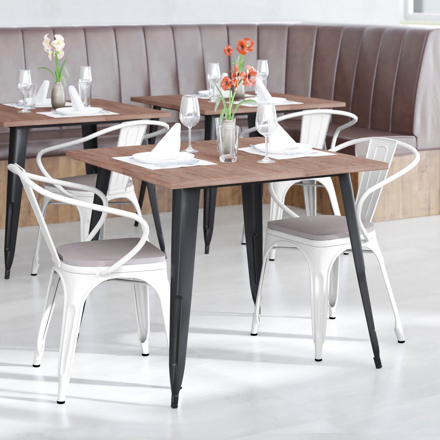 Luna Commercial Grade White Metal Indoor-Outdoor Chair with Arms with Gray Poly Resin Wood Seat Gray Seat/White Frame CH-31270-WH-PL1G-GG