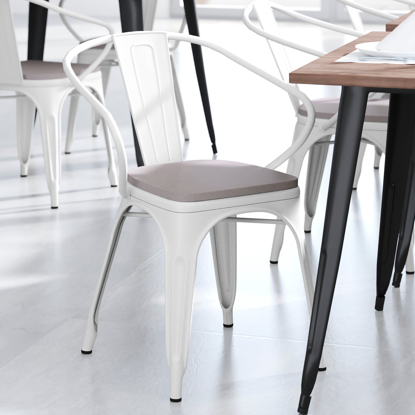 Luna Commercial Grade White Metal Indoor-Outdoor Chair with Arms with Gray Poly Resin Wood Seat Gray Seat/White Frame CH-31270-WH-PL1G-GG