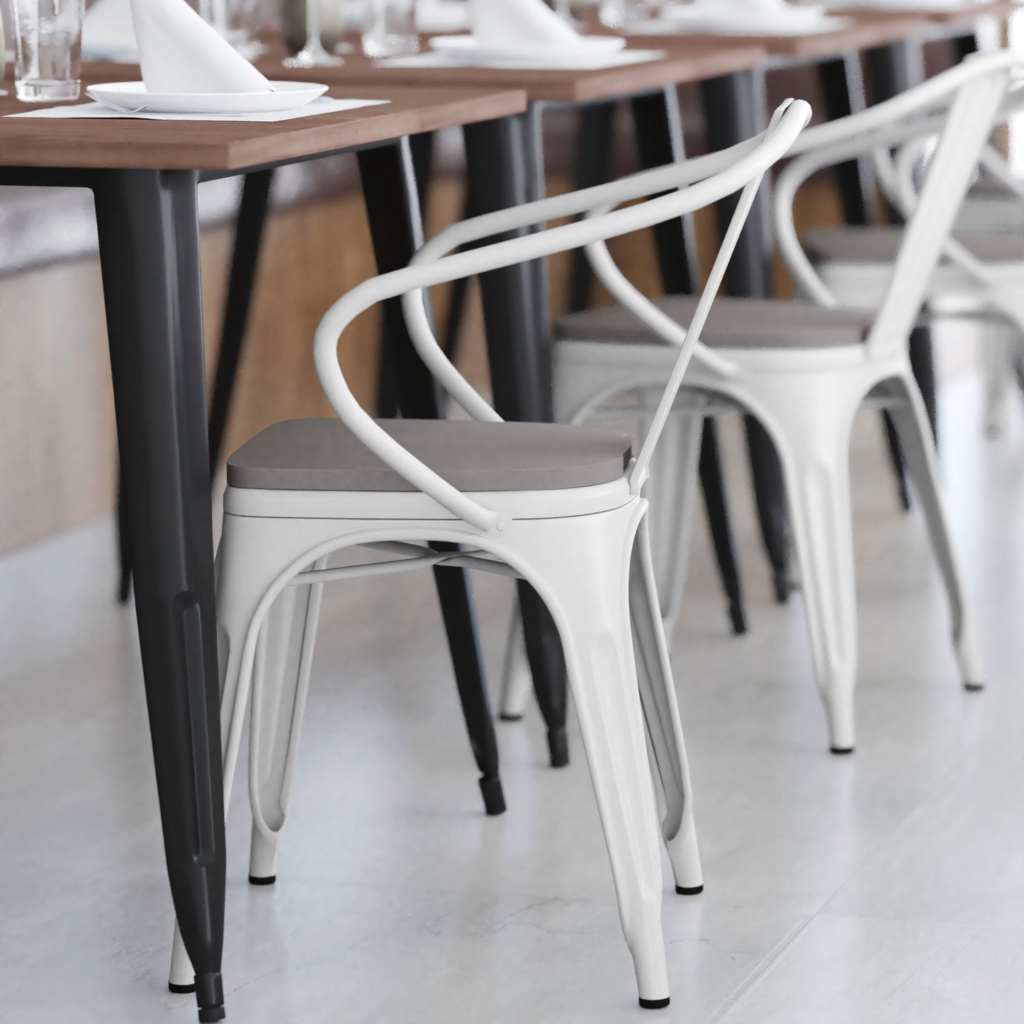 Luna Commercial Grade White Metal Indoor-Outdoor Chair with Arms with Gray Poly Resin Wood Seat Gray Seat/White Frame CH-31270-WH-PL1G-GG