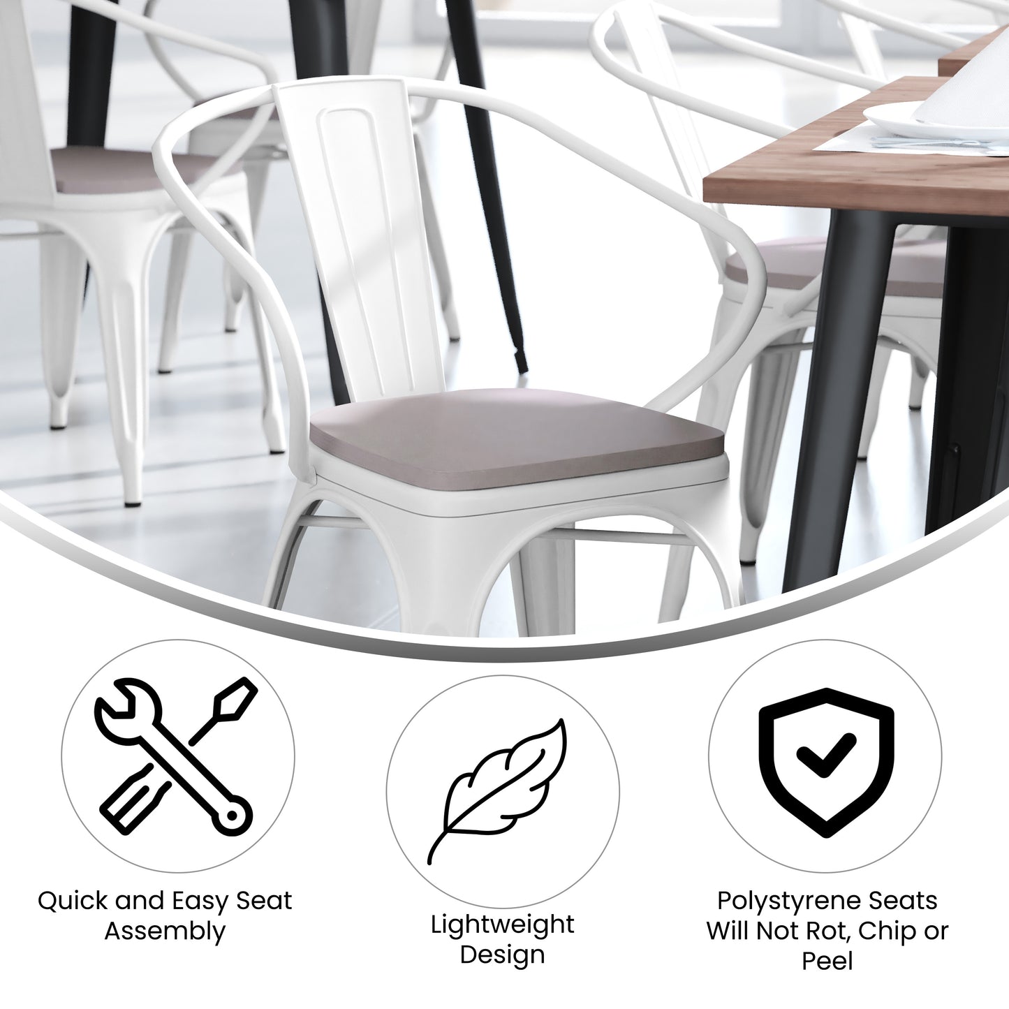 Luna Commercial Grade White Metal Indoor-Outdoor Chair with Arms with Gray Poly Resin Wood Seat Gray Seat/White Frame CH-31270-WH-PL1G-GG