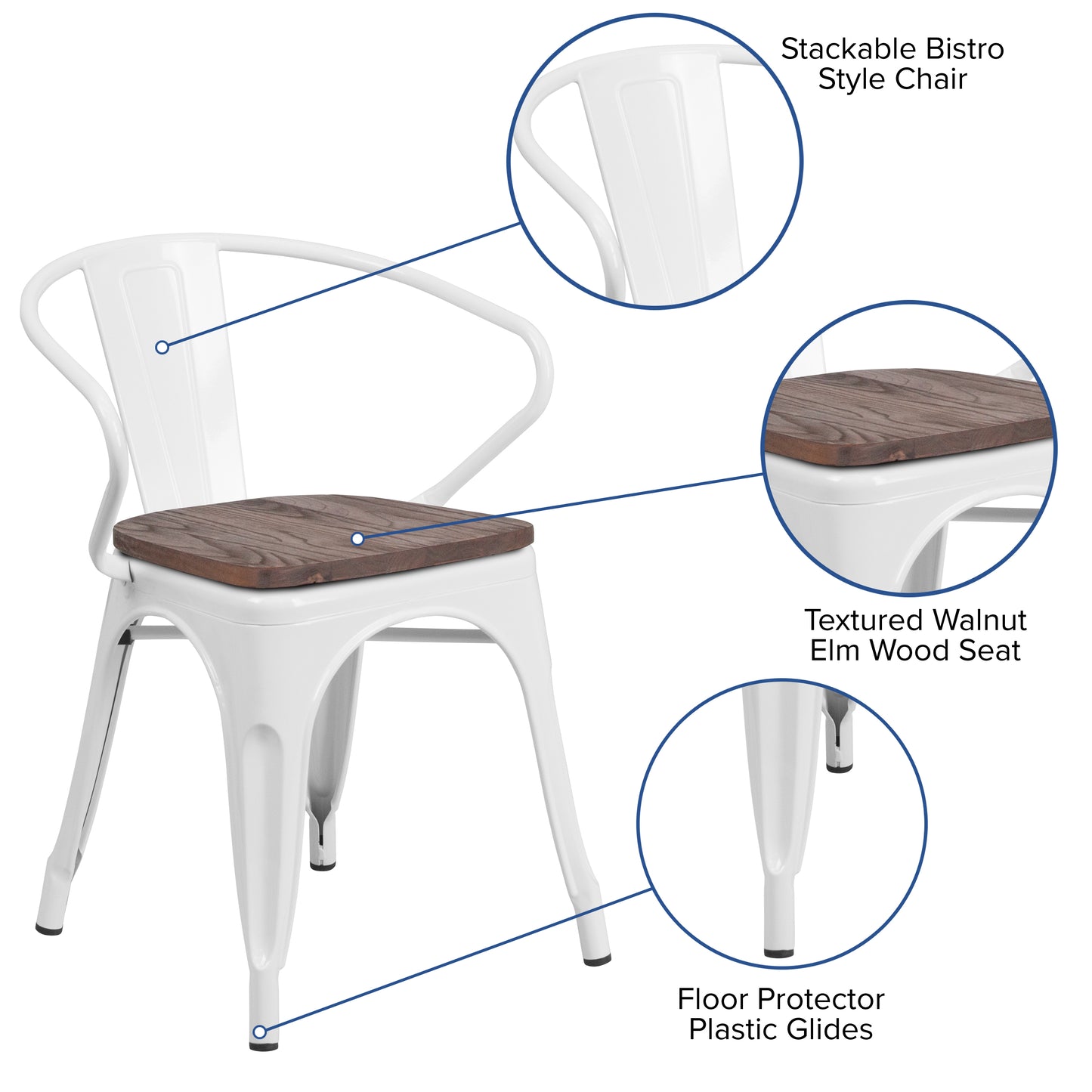 Luna White Metal Chair with Wood Seat and Arms White