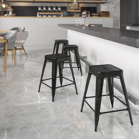 Kai Commercial Grade 24" High Backless Black Metal Indoor-Outdoor Counter Height Stool with Square Seat Black