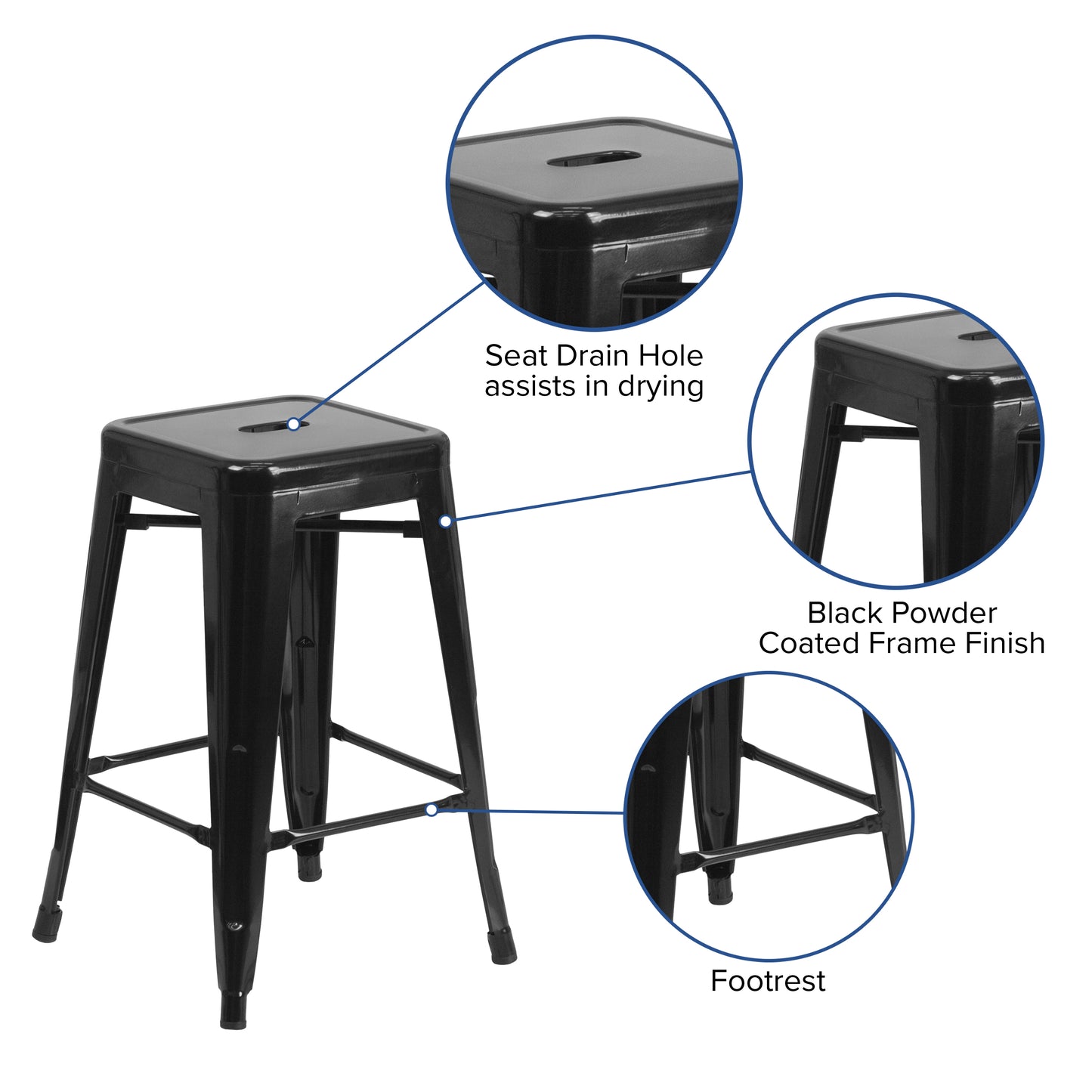 Kai Commercial Grade 24" High Backless Black Metal Indoor-Outdoor Counter Height Stool with Square Seat Black