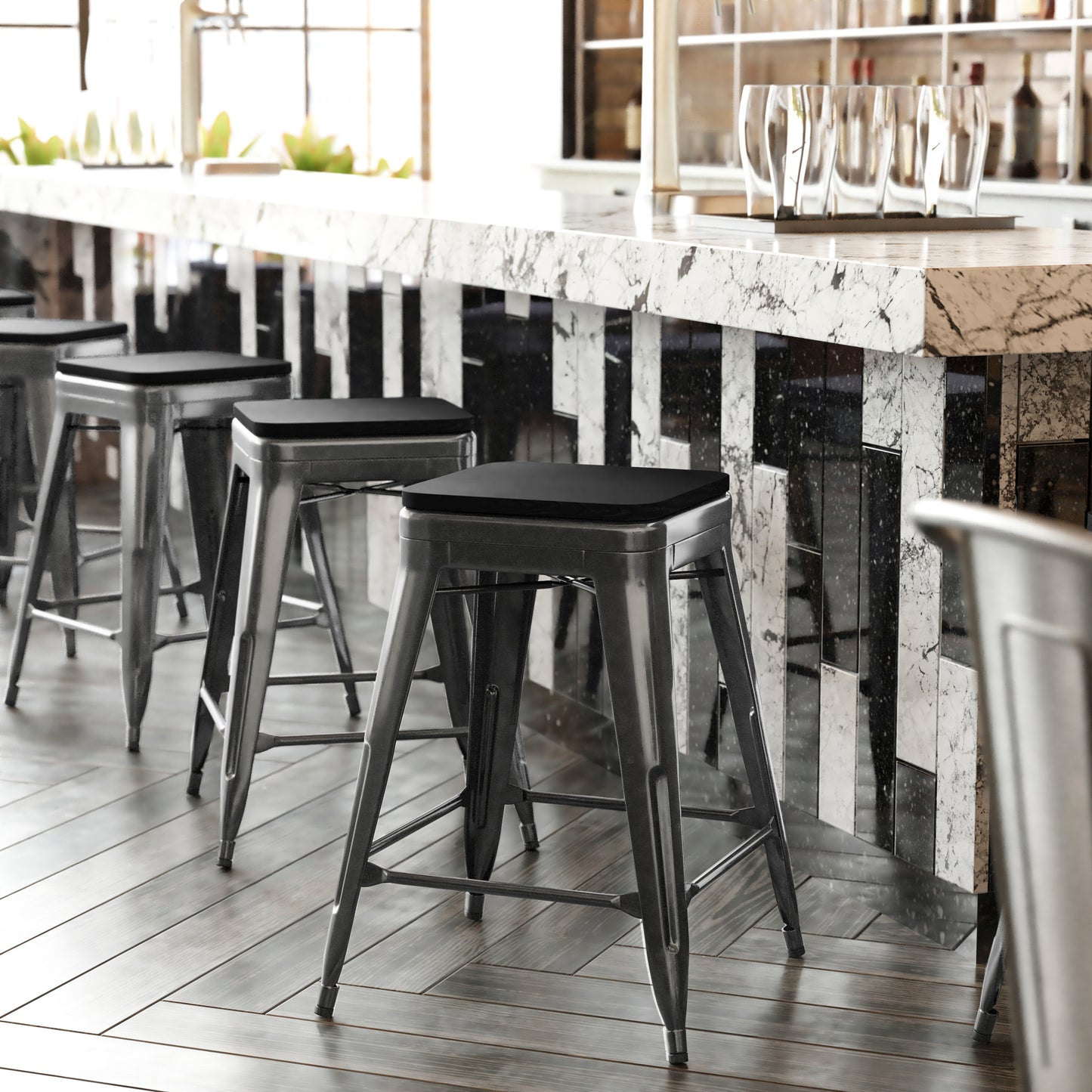 Kai Commercial Grade 24" High Backless Black Metal Indoor-Outdoor Counter Height Stool with Black Poly Resin Wood Seat Black Seat/Black Frame