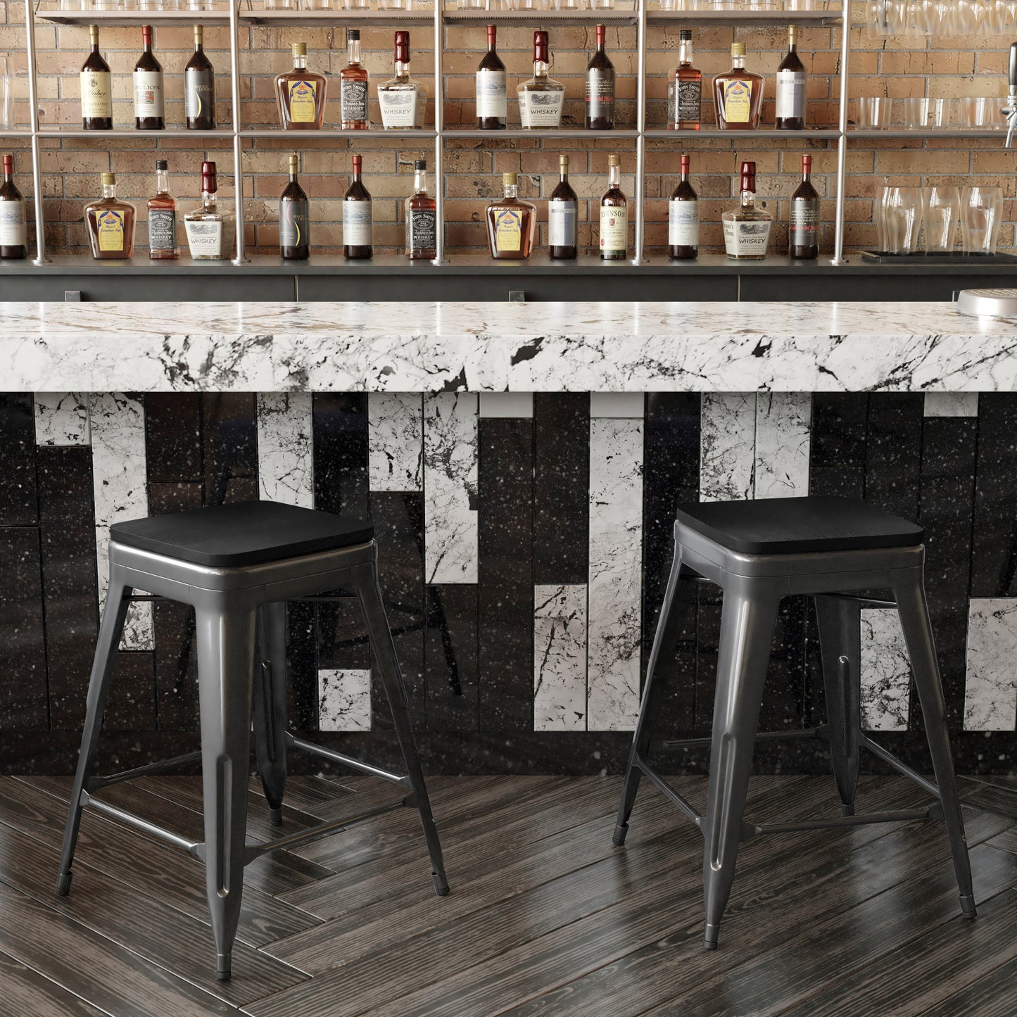 Kai Commercial Grade 24" High Backless Black Metal Indoor-Outdoor Counter Height Stool with Black Poly Resin Wood Seat Black Seat/Black Frame