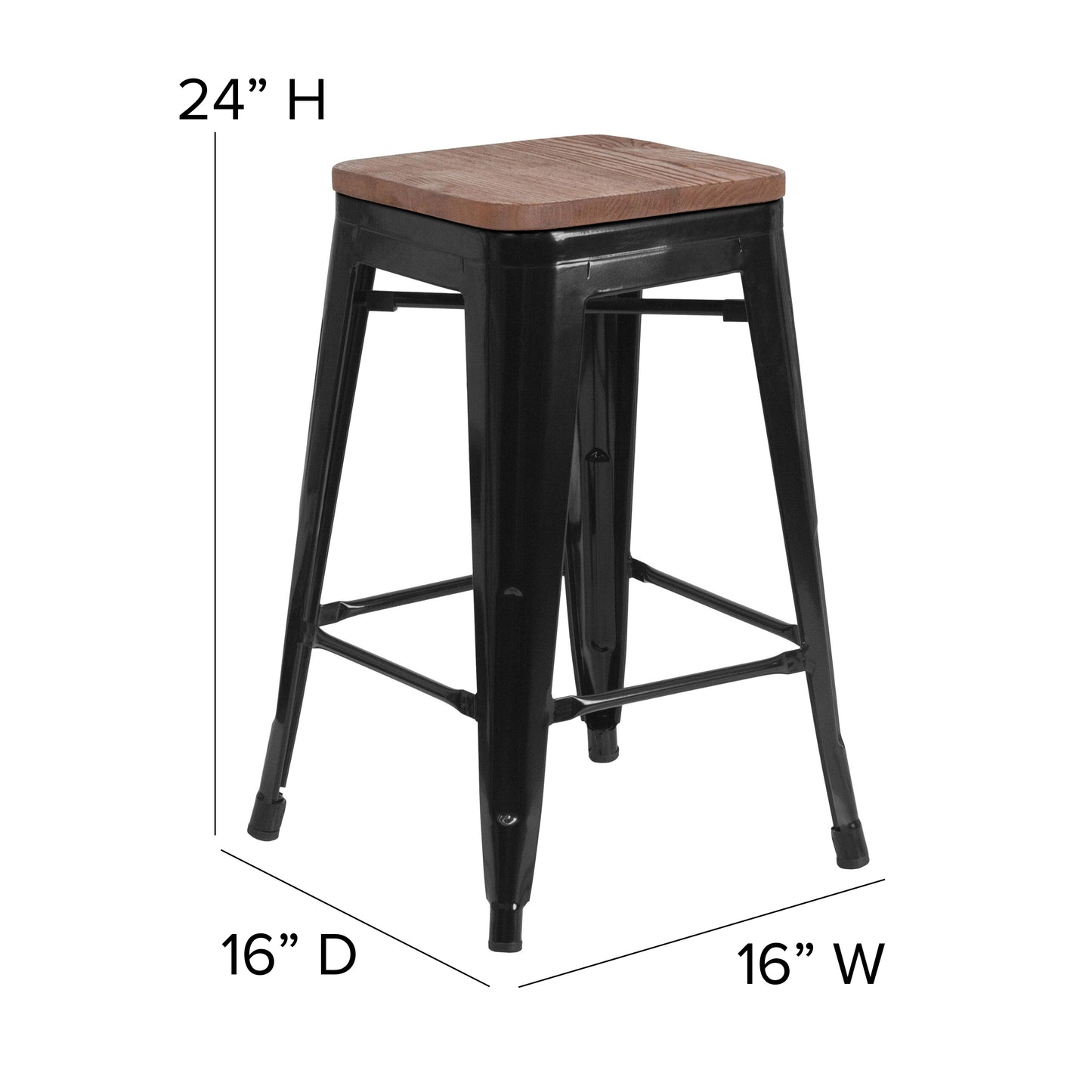 Lily 24" High Backless Black Metal Counter Height Stool with Square Wood Seat Black