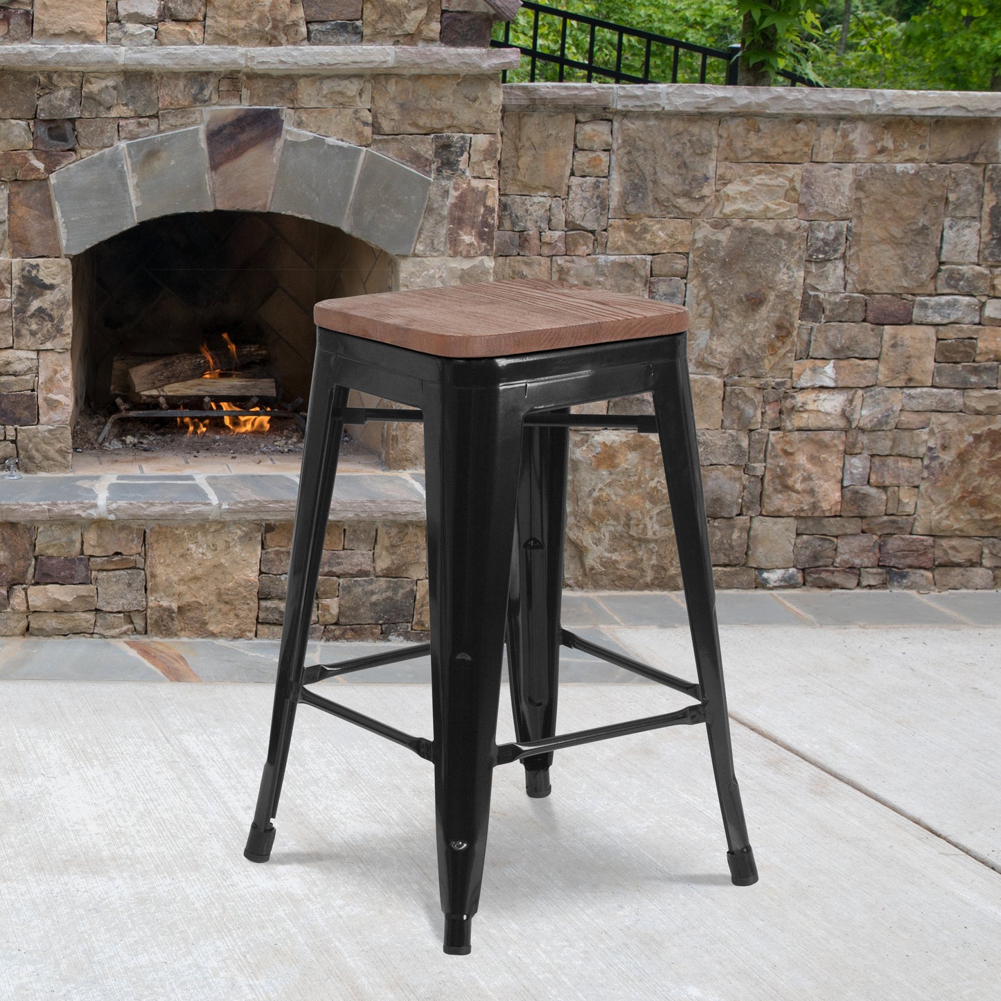 Lily 24" High Backless Black Metal Counter Height Stool with Square Wood Seat Black