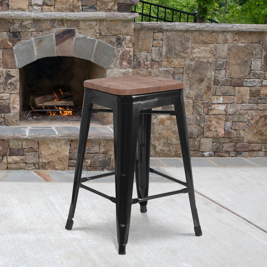 Lily 24" High Backless Black Metal Counter Height Stool with Square Wood Seat Black