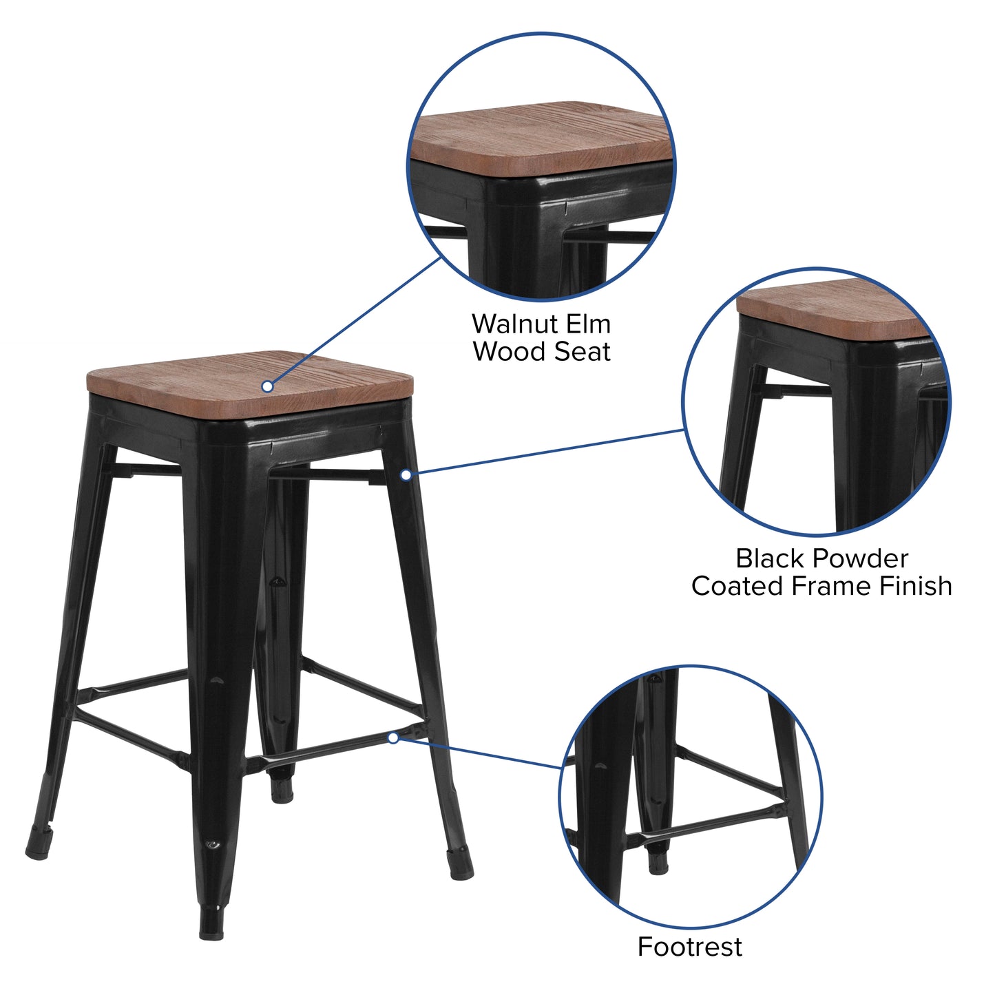 Lily 24" High Backless Black Metal Counter Height Stool with Square Wood Seat Black