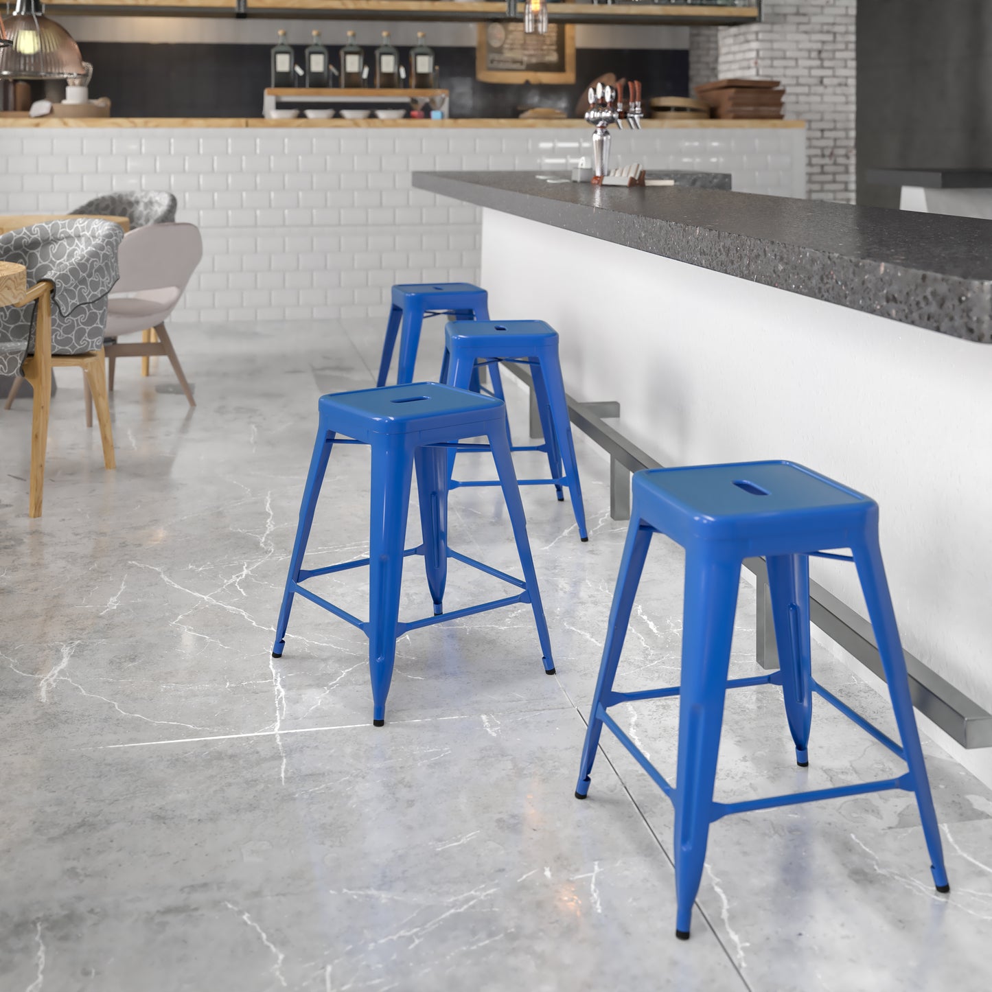 Kai Commercial Grade 24" High Backless Blue Metal Indoor-Outdoor Counter Height Stool with Square Seat Blue