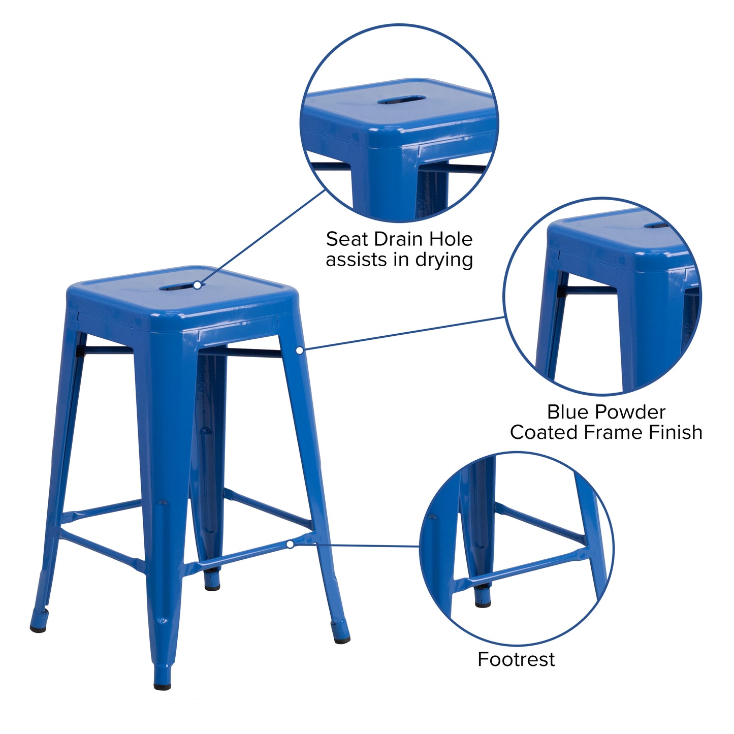 Kai Commercial Grade 24" High Backless Blue Metal Indoor-Outdoor Counter Height Stool with Square Seat Blue
