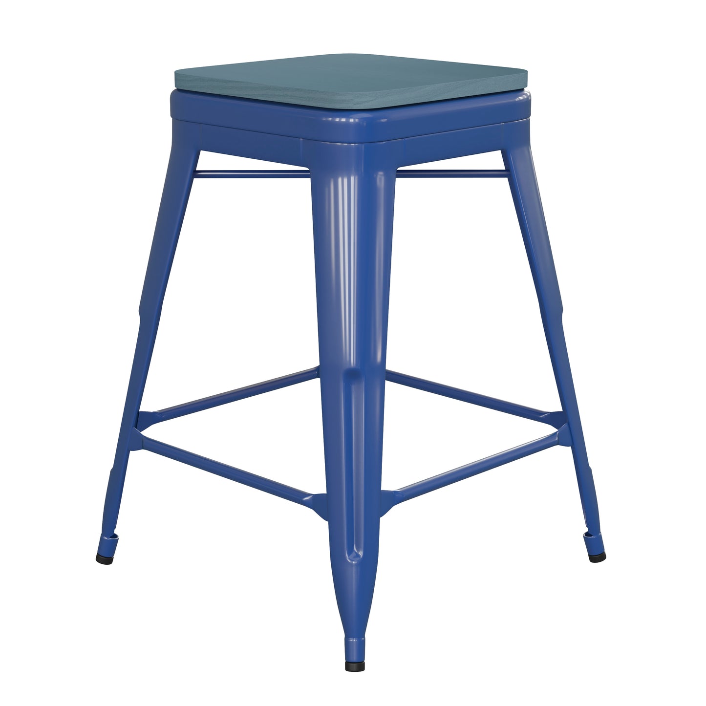Kai Commercial Grade 24" High Backless Blue Metal Indoor-Outdoor Counter Height Stool with Teal-Blue Poly Resin Wood Seat Teal-Blue Seat/Blue Frame