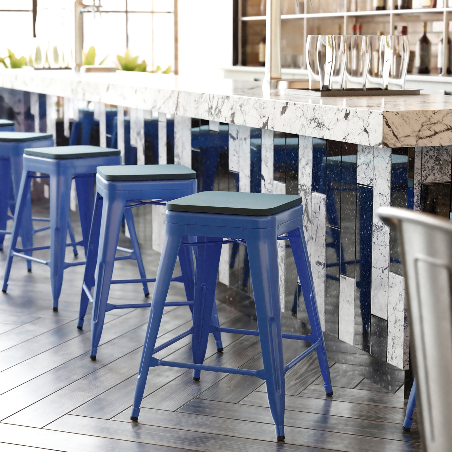 Kai Commercial Grade 24" High Backless Blue Metal Indoor-Outdoor Counter Height Stool with Teal-Blue Poly Resin Wood Seat Teal-Blue Seat/Blue Frame