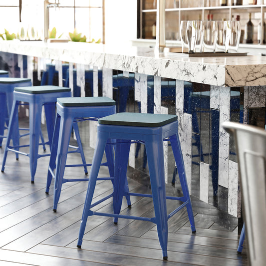 Kai Commercial Grade 24" High Backless Blue Metal Indoor-Outdoor Counter Height Stool with Teal-Blue Poly Resin Wood Seat Teal-Blue Seat/Blue Frame