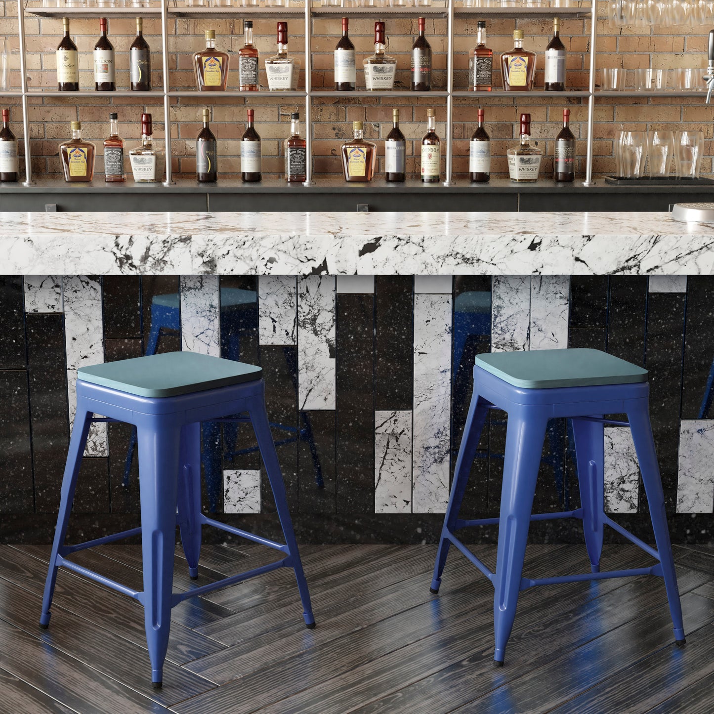 Kai Commercial Grade 24" High Backless Blue Metal Indoor-Outdoor Counter Height Stool with Teal-Blue Poly Resin Wood Seat Teal-Blue Seat/Blue Frame