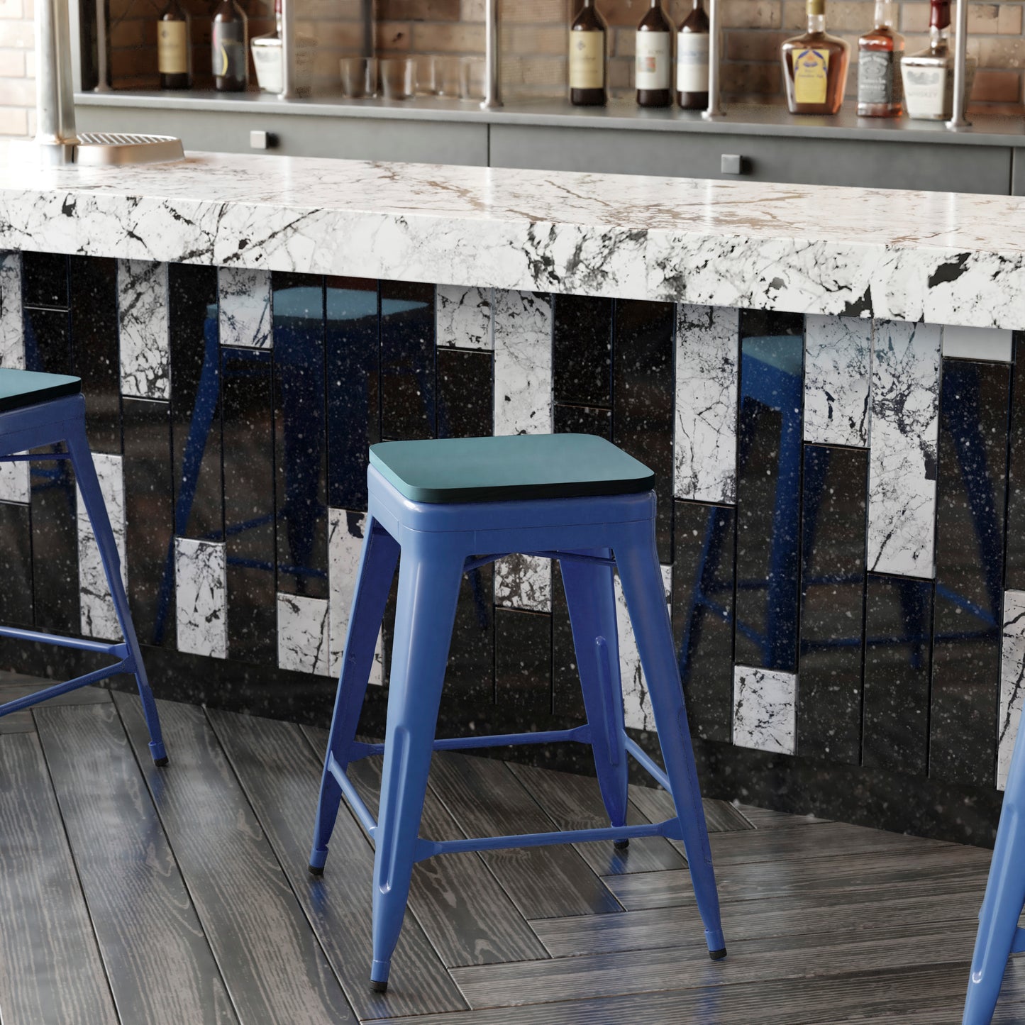 Kai Commercial Grade 24" High Backless Blue Metal Indoor-Outdoor Counter Height Stool with Teal-Blue Poly Resin Wood Seat Teal-Blue Seat/Blue Frame