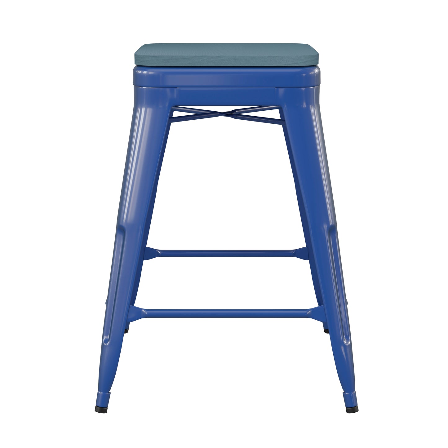 Kai Commercial Grade 24" High Backless Blue Metal Indoor-Outdoor Counter Height Stool with Teal-Blue Poly Resin Wood Seat Teal-Blue Seat/Blue Frame
