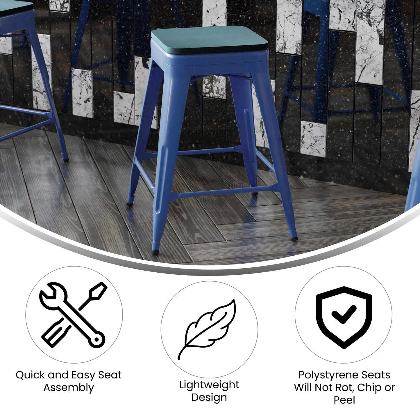 Kai Commercial Grade 24" High Backless Blue Metal Indoor-Outdoor Counter Height Stool with Teal-Blue Poly Resin Wood Seat Teal-Blue Seat/Blue Frame