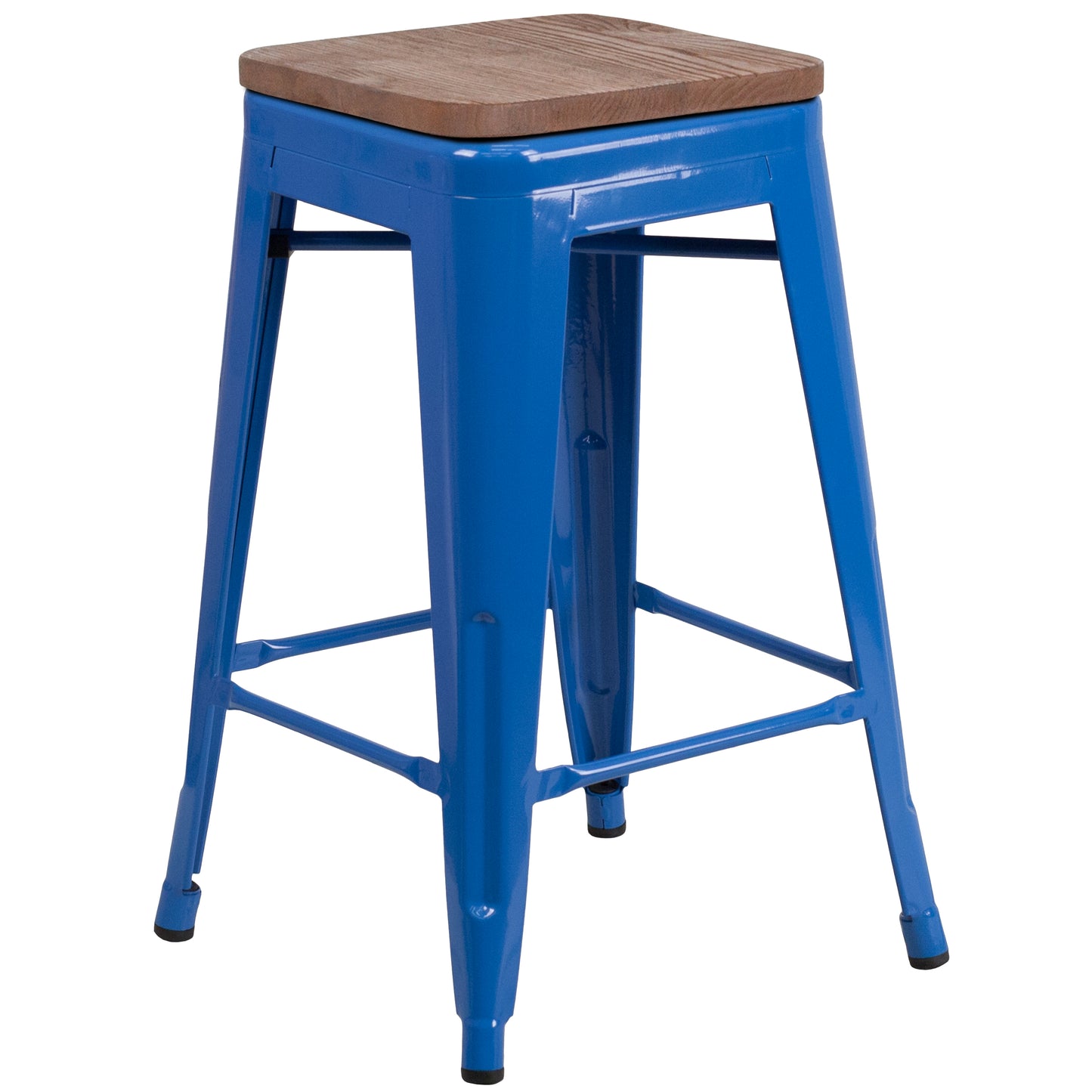 Lily 24" High Backless Blue Metal Counter Height Stool with Square Wood Seat Blue