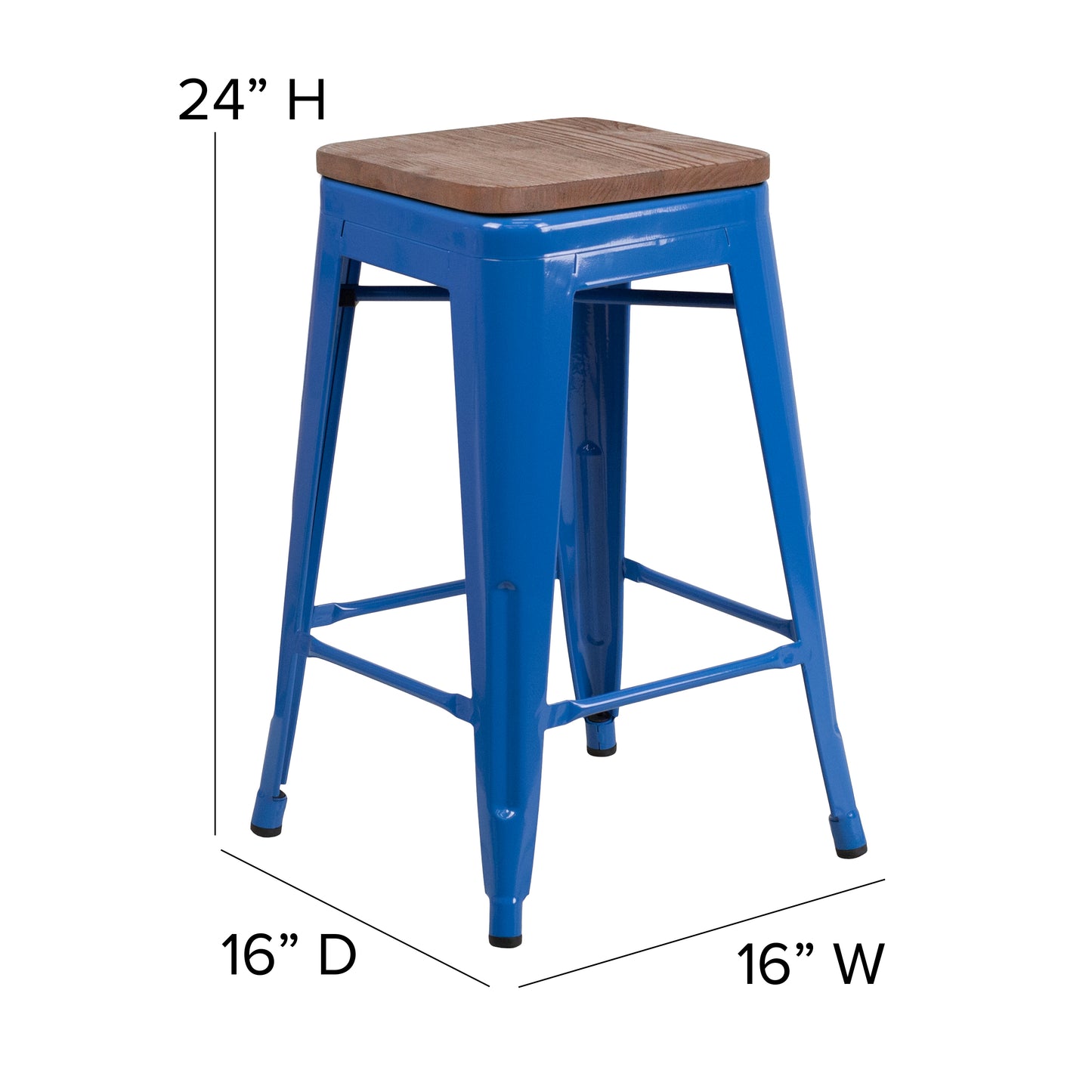 Lily 24" High Backless Blue Metal Counter Height Stool with Square Wood Seat Blue