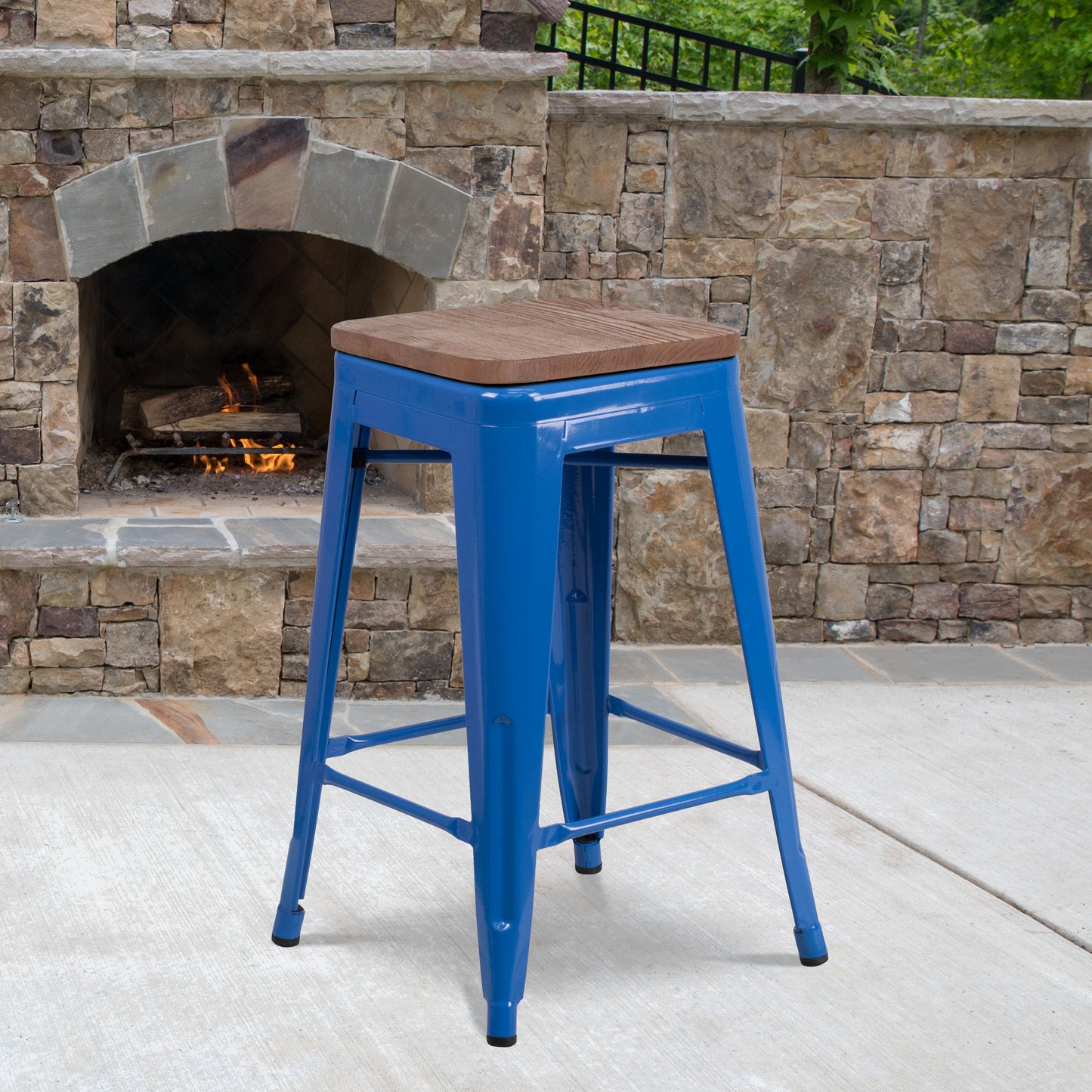 Lily 24" High Backless Blue Metal Counter Height Stool with Square Wood Seat Blue