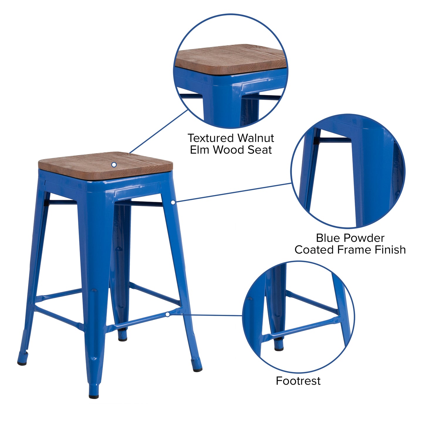Lily 24" High Backless Blue Metal Counter Height Stool with Square Wood Seat Blue