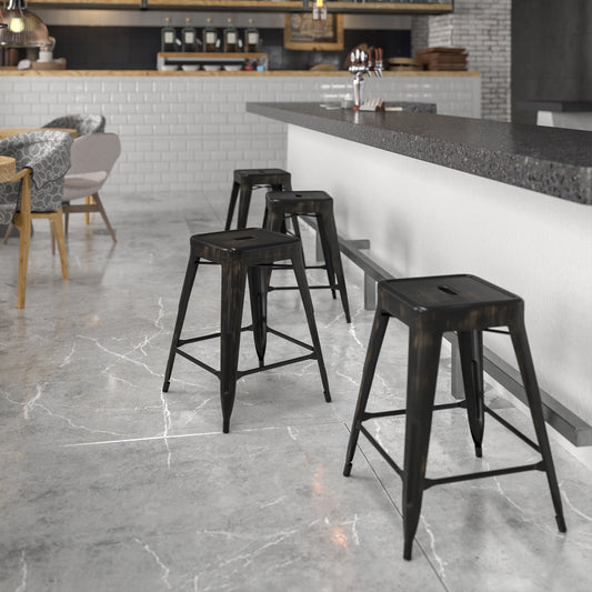 Kai Commercial Grade 24" High Backless Black-Antique Gold Metal Indoor-Outdoor Counter Height Stool with Square Seat Black-Antique Gold