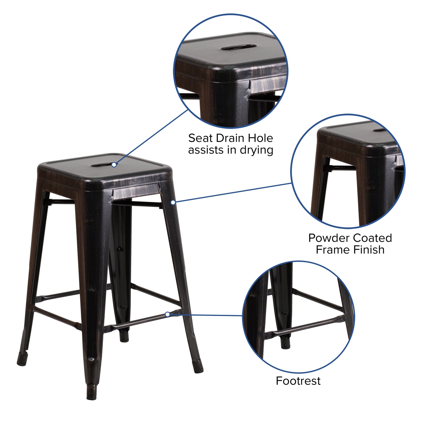 Kai Commercial Grade 24" High Backless Black-Antique Gold Metal Indoor-Outdoor Counter Height Stool with Square Seat Black-Antique Gold CH-31320-24-BQ-GG