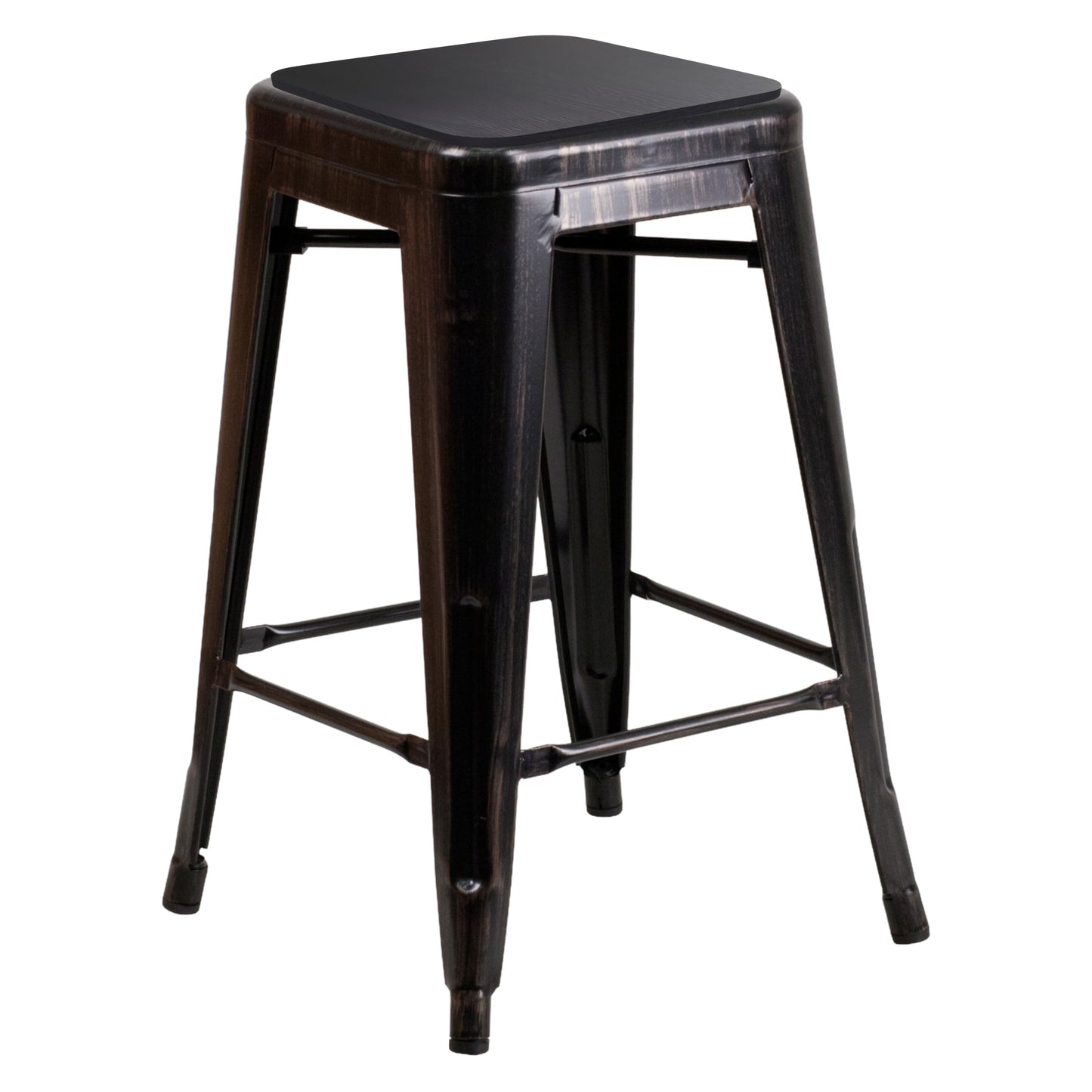 Kai Commercial Grade 24" High Backless Black-Antique Gold Metal Indoor-Outdoor Counter Height Stool with Black Poly Resin Wood Seat Black Seat/Black-Antique Gold Frame CH-31320-24-BQ-PL2B-GG