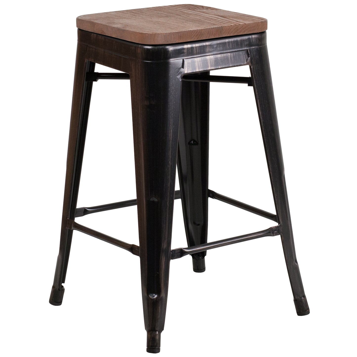 Lily 24" High Backless Black-Antique Gold Metal Counter Height Stool with Square Wood Seat Black-Antique Gold