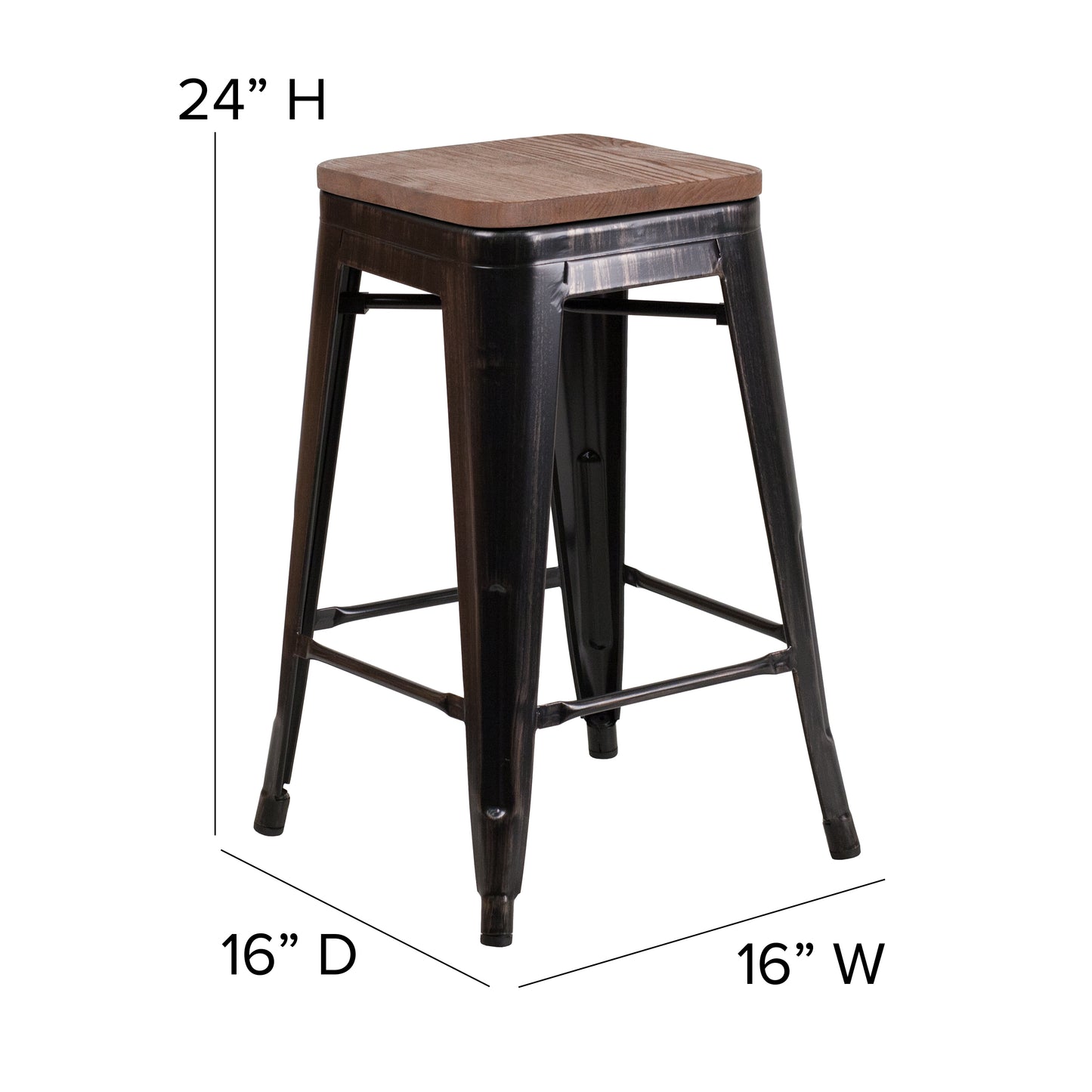 Lily 24" High Backless Black-Antique Gold Metal Counter Height Stool with Square Wood Seat Black-Antique Gold