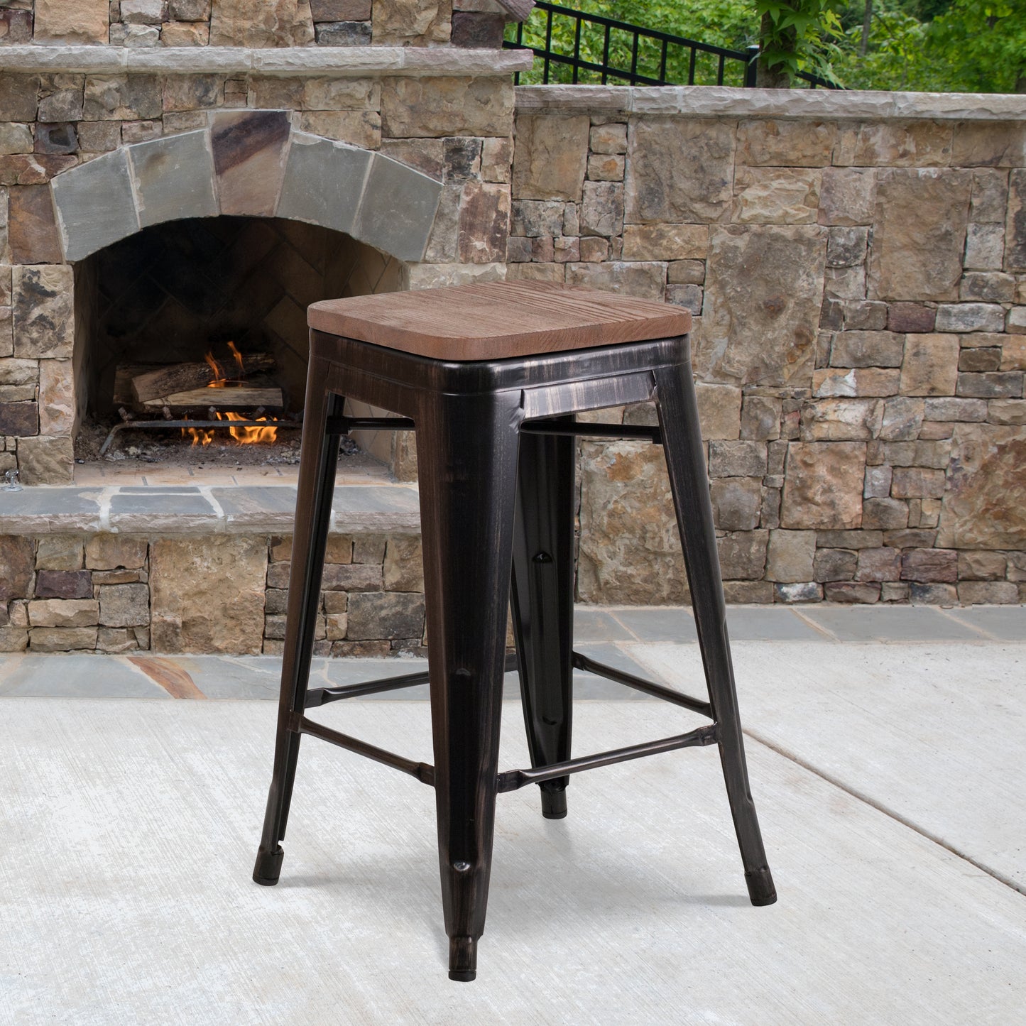 Lily 24" High Backless Black-Antique Gold Metal Counter Height Stool with Square Wood Seat Black-Antique Gold