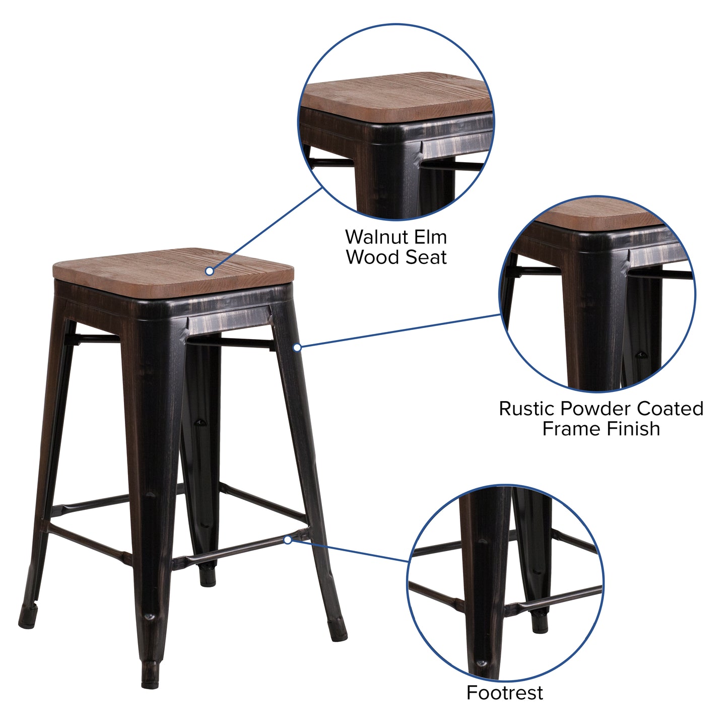 Lily 24" High Backless Black-Antique Gold Metal Counter Height Stool with Square Wood Seat Black-Antique Gold