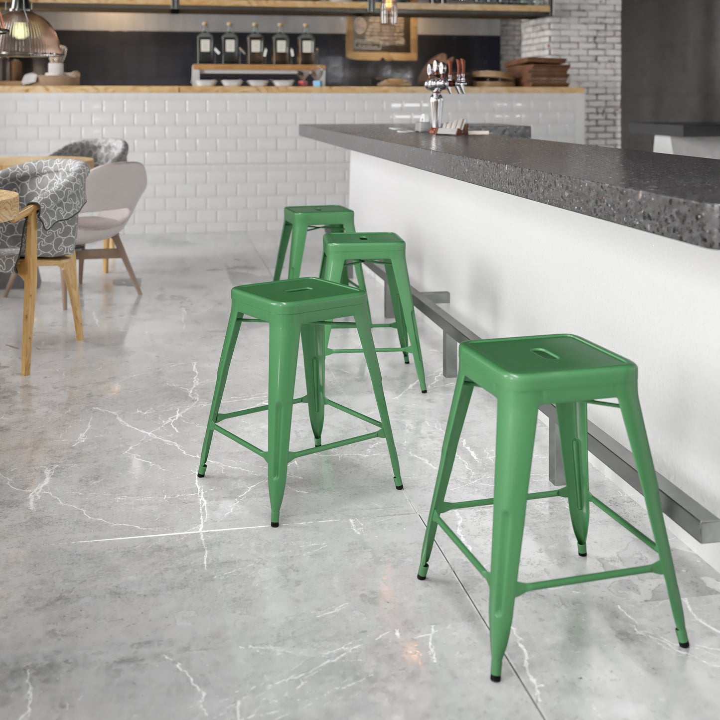 Kai Commercial Grade 24" High Backless Green Metal Indoor-Outdoor Counter Height Stool with Square Seat Green