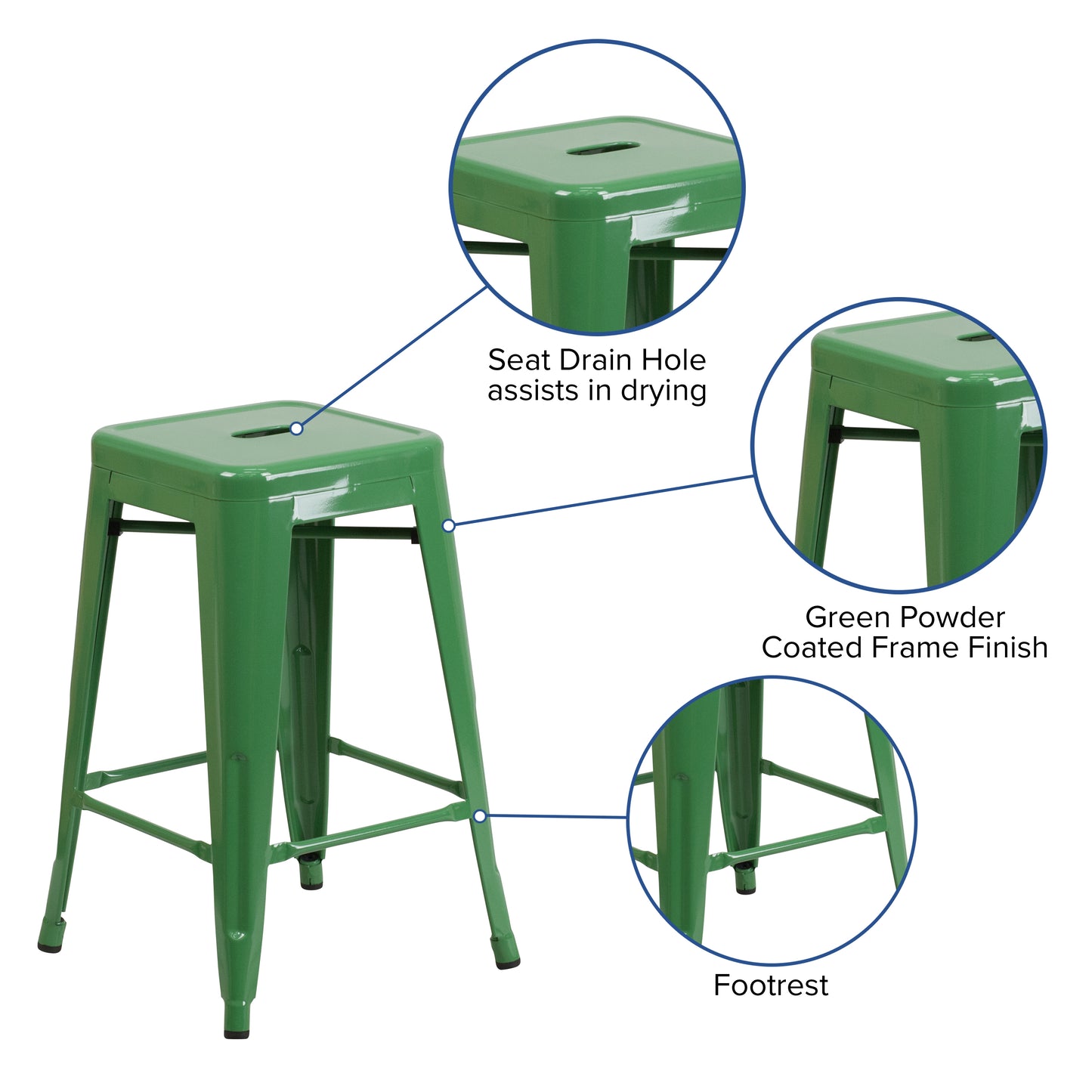 Kai Commercial Grade 24" High Backless Green Metal Indoor-Outdoor Counter Height Stool with Square Seat Green