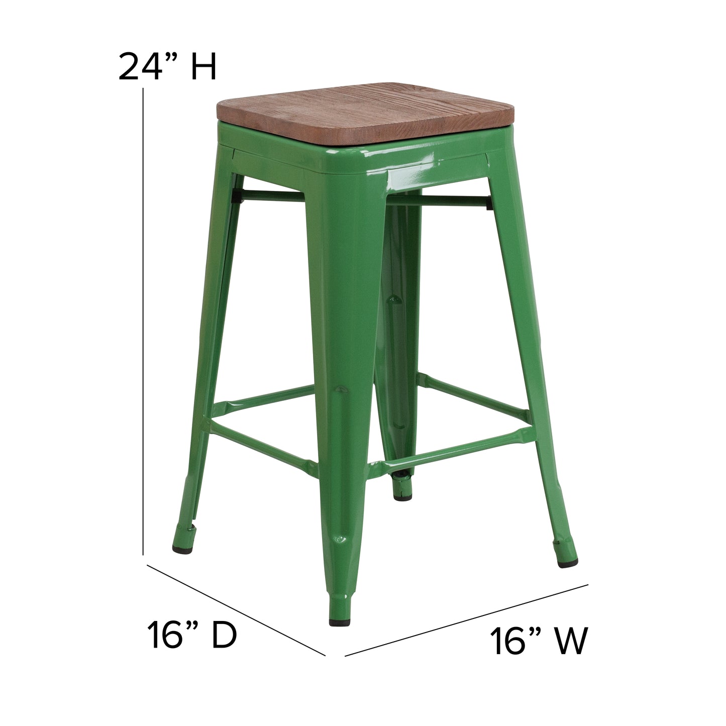 Lily 24" High Backless Green Metal Counter Height Stool with Square Wood Seat Green