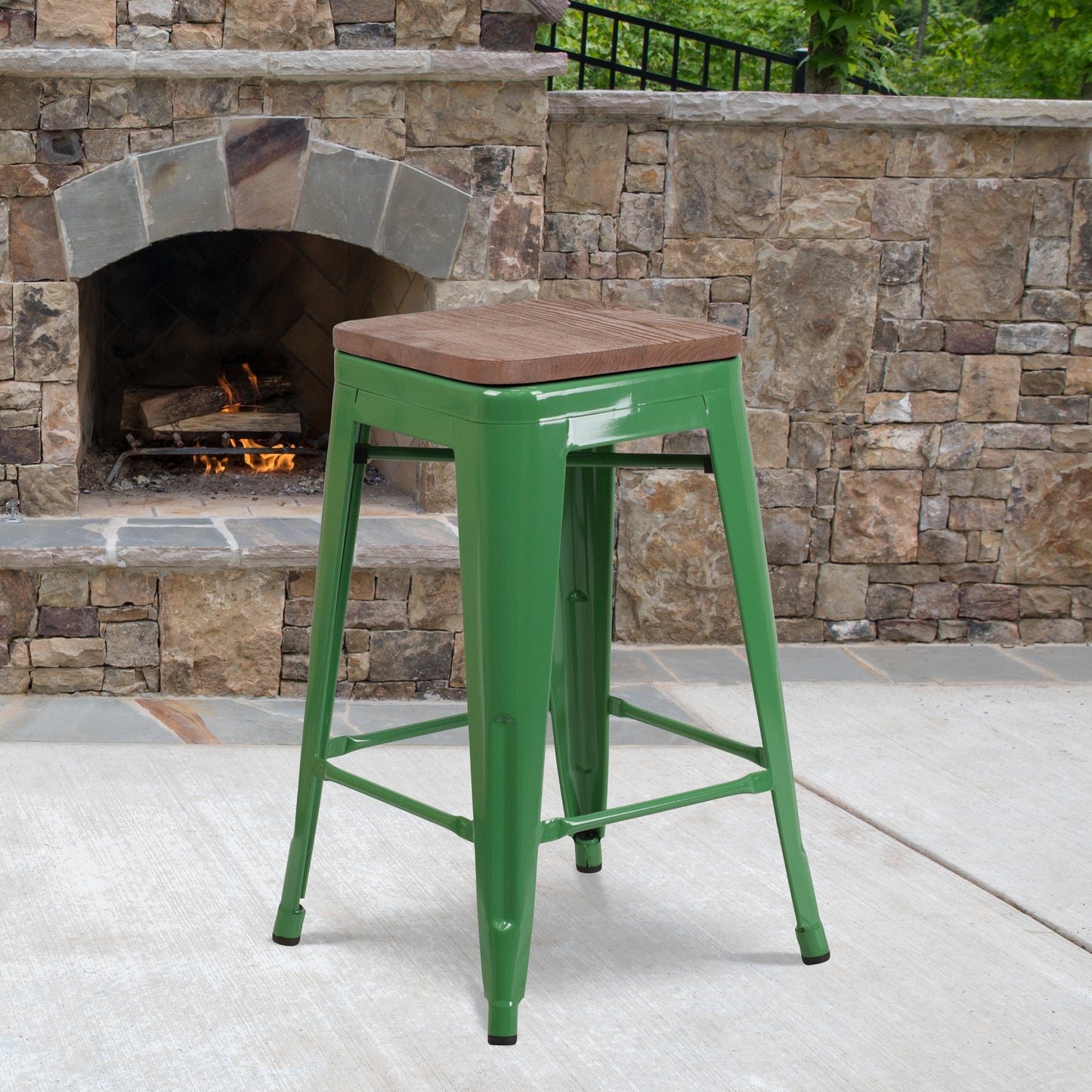 Lily 24" High Backless Green Metal Counter Height Stool with Square Wood Seat Green