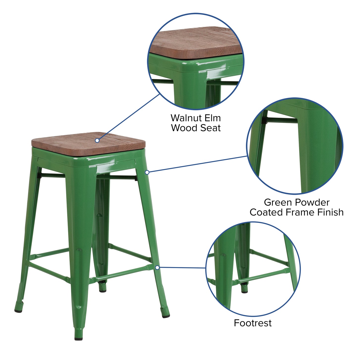 Lily 24" High Backless Green Metal Counter Height Stool with Square Wood Seat Green