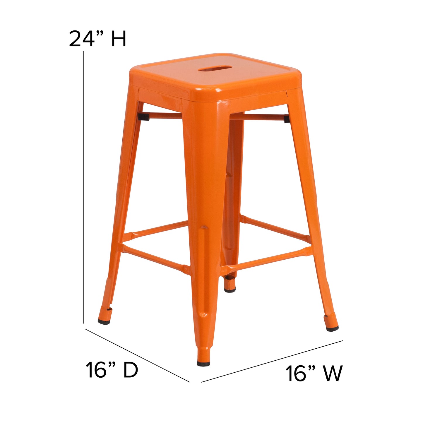 Kai Commercial Grade 24" High Backless Orange Metal Indoor-Outdoor Counter Height Stool with Square Seat Orange