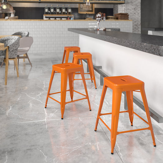 Kai Commercial Grade 24" High Backless Orange Metal Indoor-Outdoor Counter Height Stool with Square Seat Orange