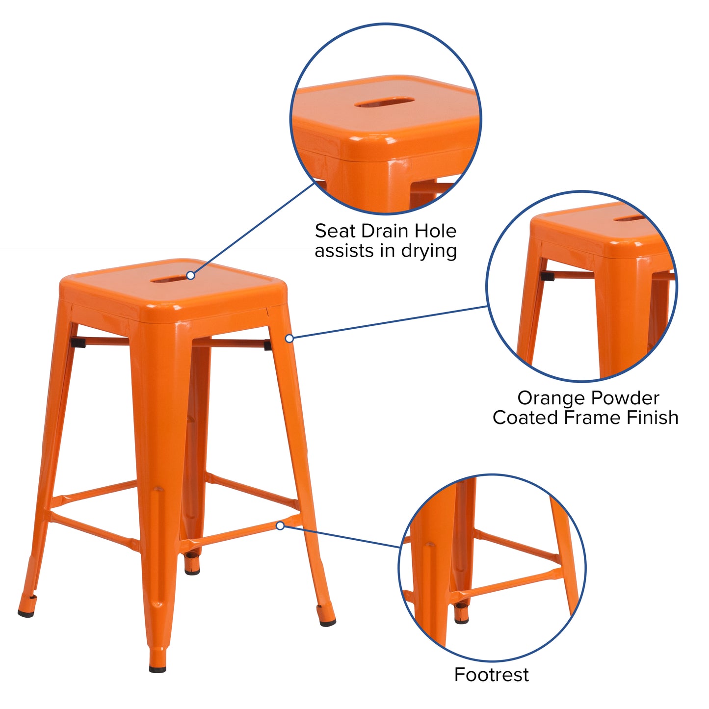 Kai Commercial Grade 24" High Backless Orange Metal Indoor-Outdoor Counter Height Stool with Square Seat Orange