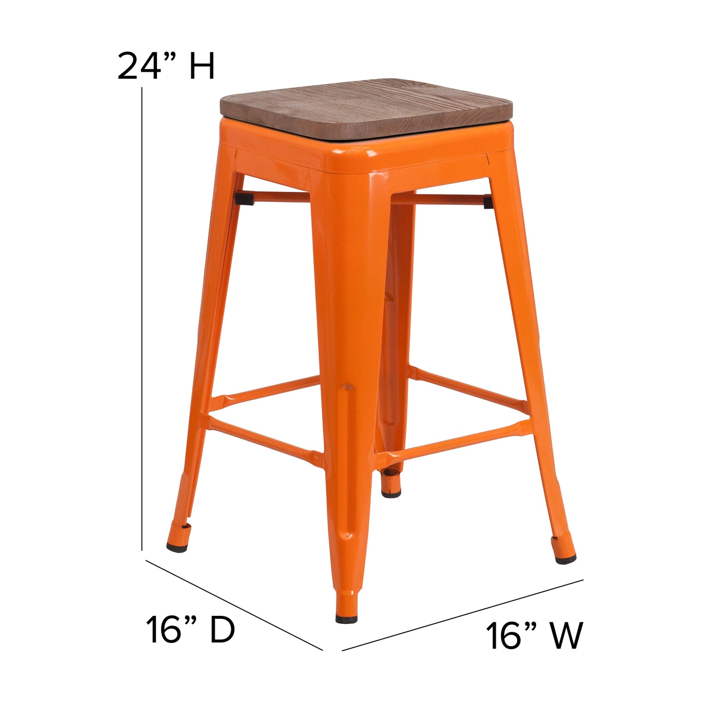 Lily 24" High Backless Orange Metal Counter Height Stool with Square Wood Seat Orange